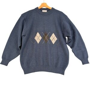 Alpaca Fina Mens Blue Argyle Crewneck Sweater Made in Peru Size Large Vintage